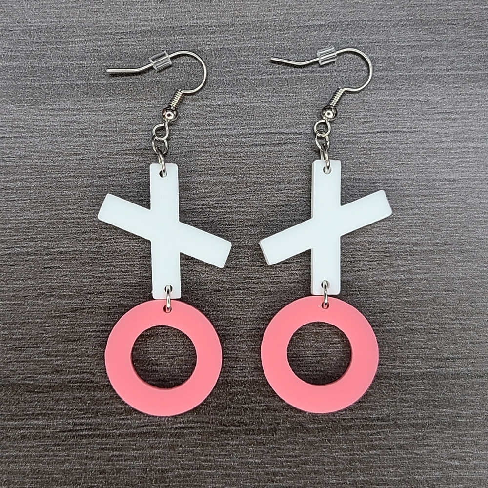 Handmade Valentines Earrings Pink and White XO Dangle Earrings Laser Cut Acrylic